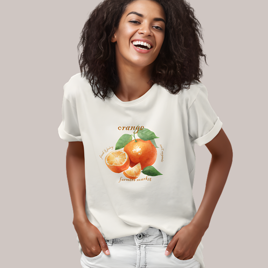 Orange Farmers Market T-Shirt, Trendy Colorful Tee, Unique Fruit Top