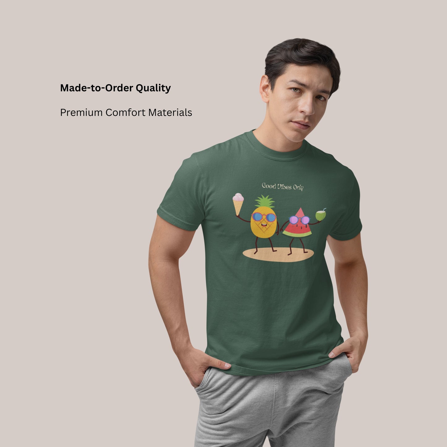 Good Vibes Only Graphic T-Shirt, Funny Fruit Summer Tee, Unisex Casual Short Sleeve Shirt