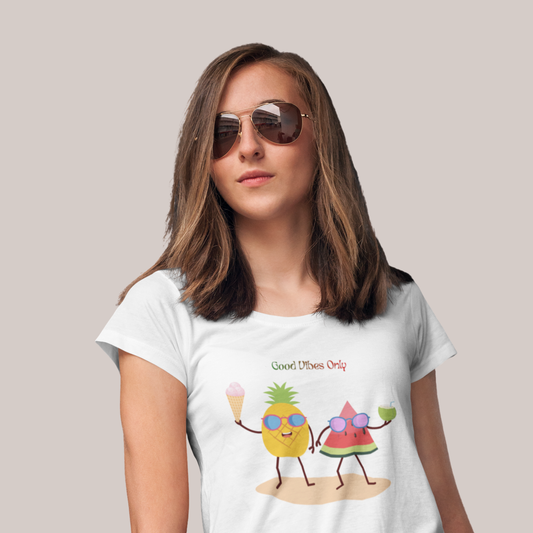Good Vibes Only Graphic T-Shirt, Funny Fruit Summer Tee, Unisex Casual Short Sleeve Shirt